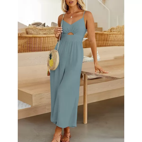 imageANRABESS Womens Summer Spaghetti Straps V Neck Cutout Smocked High Waist Wide leg Jumpsuits Rompers with PocketsBlue