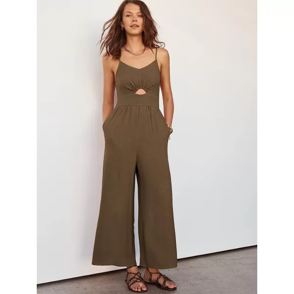 imageANRABESS Womens Summer Spaghetti Straps V Neck Cutout Smocked High Waist Wide leg Jumpsuits Rompers with PocketsBrown