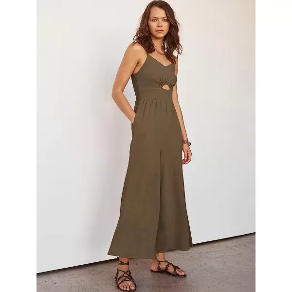 imageANRABESS Womens Summer Spaghetti Straps V Neck Cutout Smocked High Waist Wide leg Jumpsuits Rompers with PocketsBrown