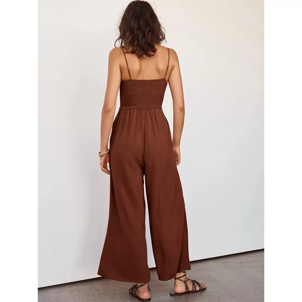 imageANRABESS Womens Summer Spaghetti Straps V Neck Cutout Smocked High Waist Wide leg Jumpsuits Rompers with PocketsCaramel