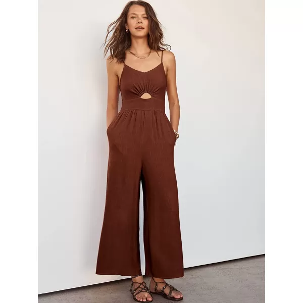 imageANRABESS Womens Summer Spaghetti Straps V Neck Cutout Smocked High Waist Wide leg Jumpsuits Rompers with PocketsCaramel