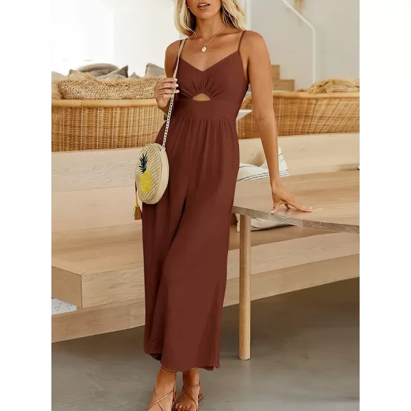 imageANRABESS Womens Summer Spaghetti Straps V Neck Cutout Smocked High Waist Wide leg Jumpsuits Rompers with PocketsCaramel