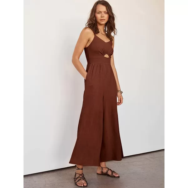 imageANRABESS Womens Summer Spaghetti Straps V Neck Cutout Smocked High Waist Wide leg Jumpsuits Rompers with PocketsCaramel
