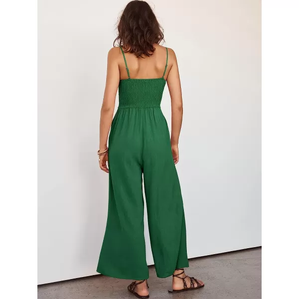 imageANRABESS Womens Summer Spaghetti Straps V Neck Cutout Smocked High Waist Wide leg Jumpsuits Rompers with PocketsForest