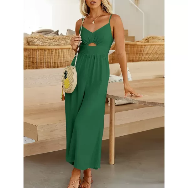 imageANRABESS Womens Summer Spaghetti Straps V Neck Cutout Smocked High Waist Wide leg Jumpsuits Rompers with PocketsForest