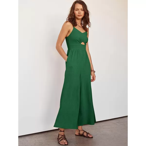 imageANRABESS Womens Summer Spaghetti Straps V Neck Cutout Smocked High Waist Wide leg Jumpsuits Rompers with PocketsForest
