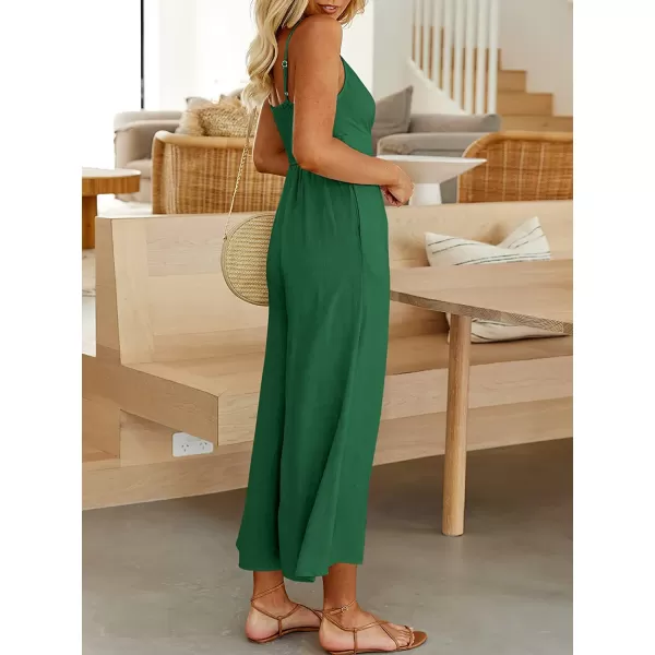 imageANRABESS Womens Summer Spaghetti Straps V Neck Cutout Smocked High Waist Wide leg Jumpsuits Rompers with PocketsForest