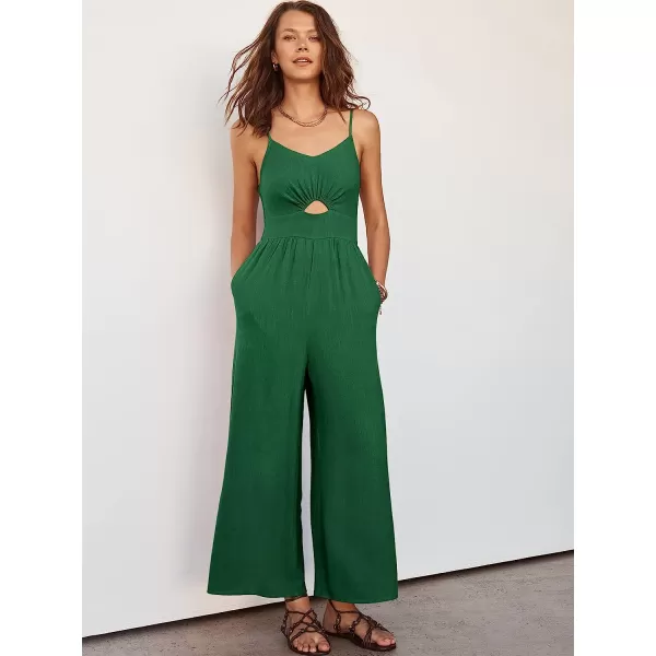 imageANRABESS Womens Summer Spaghetti Straps V Neck Cutout Smocked High Waist Wide leg Jumpsuits Rompers with PocketsForest