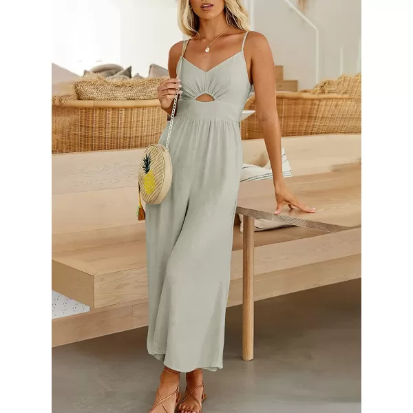 imageANRABESS Womens Summer Spaghetti Straps V Neck Cutout Smocked High Waist Wide leg Jumpsuits Rompers with PocketsGray
