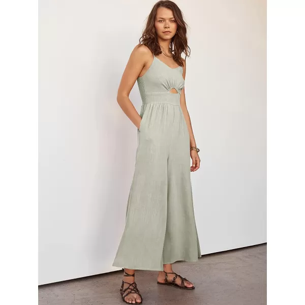 imageANRABESS Womens Summer Spaghetti Straps V Neck Cutout Smocked High Waist Wide leg Jumpsuits Rompers with PocketsGray