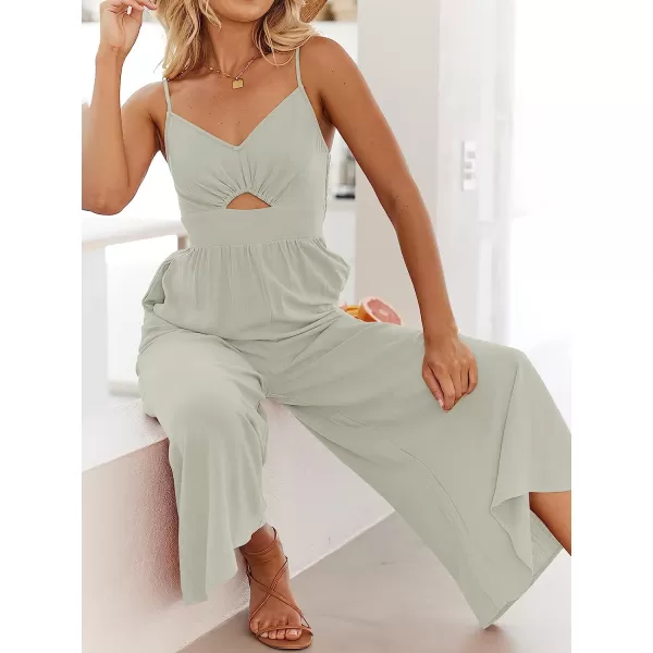 imageANRABESS Womens Summer Spaghetti Straps V Neck Cutout Smocked High Waist Wide leg Jumpsuits Rompers with PocketsGray