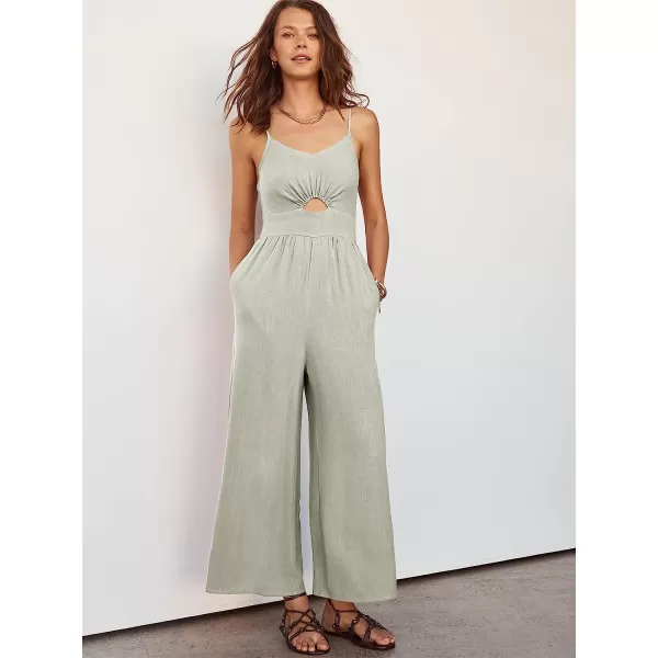 imageANRABESS Womens Summer Spaghetti Straps V Neck Cutout Smocked High Waist Wide leg Jumpsuits Rompers with PocketsGray