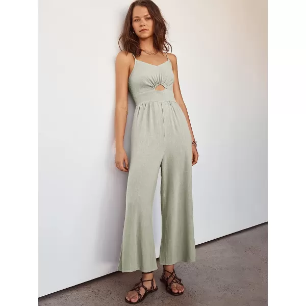 imageANRABESS Womens Summer Spaghetti Straps V Neck Cutout Smocked High Waist Wide leg Jumpsuits Rompers with PocketsGray