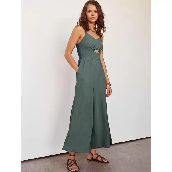 imageANRABESS Womens Summer Spaghetti Straps V Neck Cutout Smocked High Waist Wide leg Jumpsuits Rompers with PocketsGray Blue