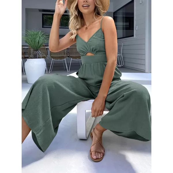 imageANRABESS Womens Summer Spaghetti Straps V Neck Cutout Smocked High Waist Wide leg Jumpsuits Rompers with PocketsGray Blue