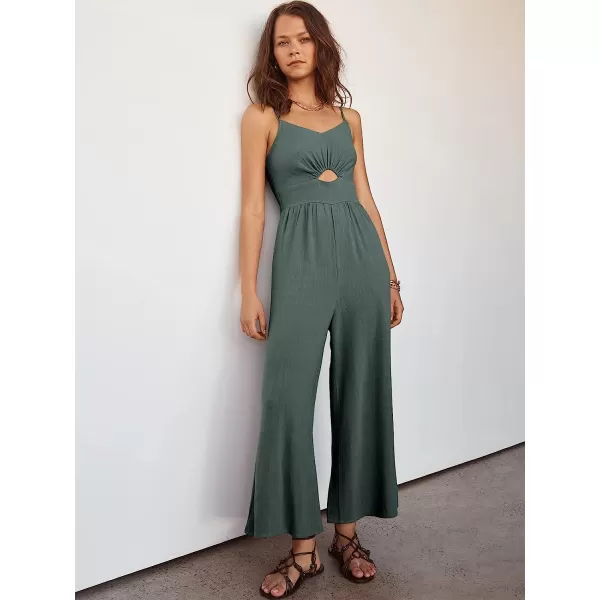 imageANRABESS Womens Summer Spaghetti Straps V Neck Cutout Smocked High Waist Wide leg Jumpsuits Rompers with PocketsGray Blue