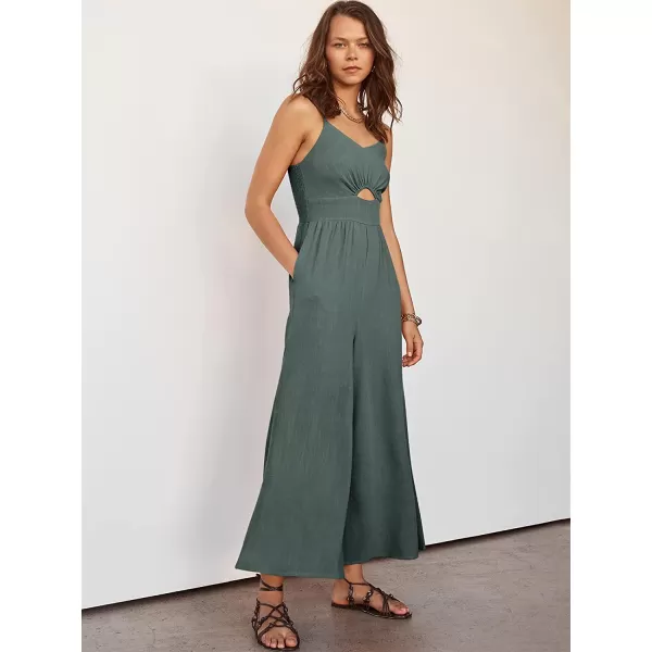 imageANRABESS Womens Summer Spaghetti Straps V Neck Cutout Smocked High Waist Wide leg Jumpsuits Rompers with PocketsGray Blue