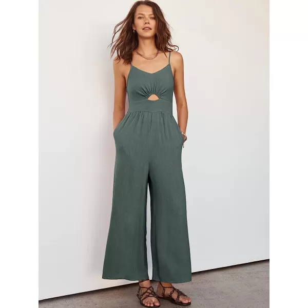 imageANRABESS Womens Summer Spaghetti Straps V Neck Cutout Smocked High Waist Wide leg Jumpsuits Rompers with PocketsGray Blue
