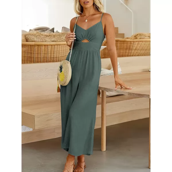 imageANRABESS Womens Summer Spaghetti Straps V Neck Cutout Smocked High Waist Wide leg Jumpsuits Rompers with PocketsGray Blue