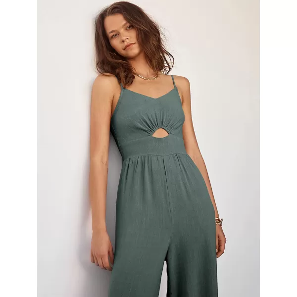 imageANRABESS Womens Summer Spaghetti Straps V Neck Cutout Smocked High Waist Wide leg Jumpsuits Rompers with PocketsGray Blue