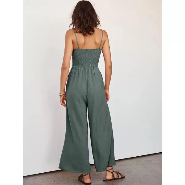 imageANRABESS Womens Summer Spaghetti Straps V Neck Cutout Smocked High Waist Wide leg Jumpsuits Rompers with PocketsGray Blue