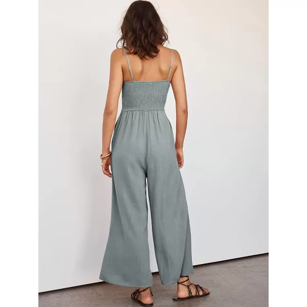 imageANRABESS Womens Summer Spaghetti Straps V Neck Cutout Smocked High Waist Wide leg Jumpsuits Rompers with PocketsGrey