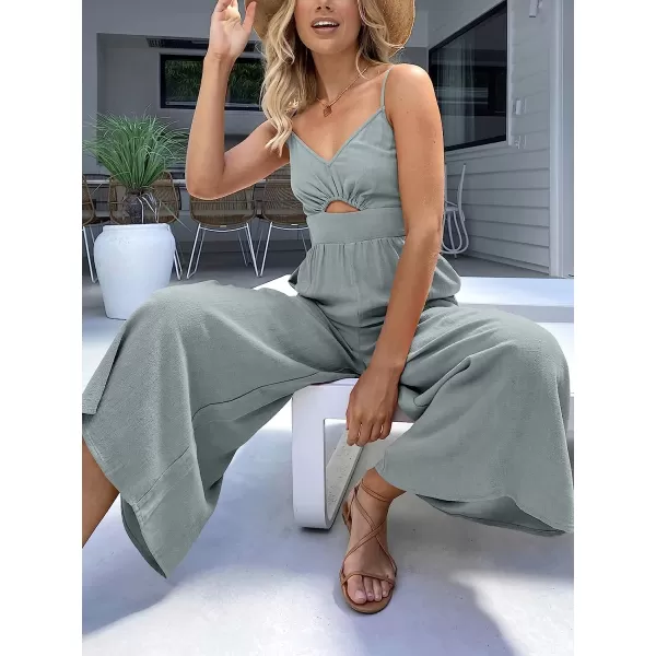 imageANRABESS Womens Summer Spaghetti Straps V Neck Cutout Smocked High Waist Wide leg Jumpsuits Rompers with PocketsGrey