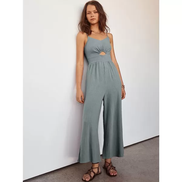 imageANRABESS Womens Summer Spaghetti Straps V Neck Cutout Smocked High Waist Wide leg Jumpsuits Rompers with PocketsGrey
