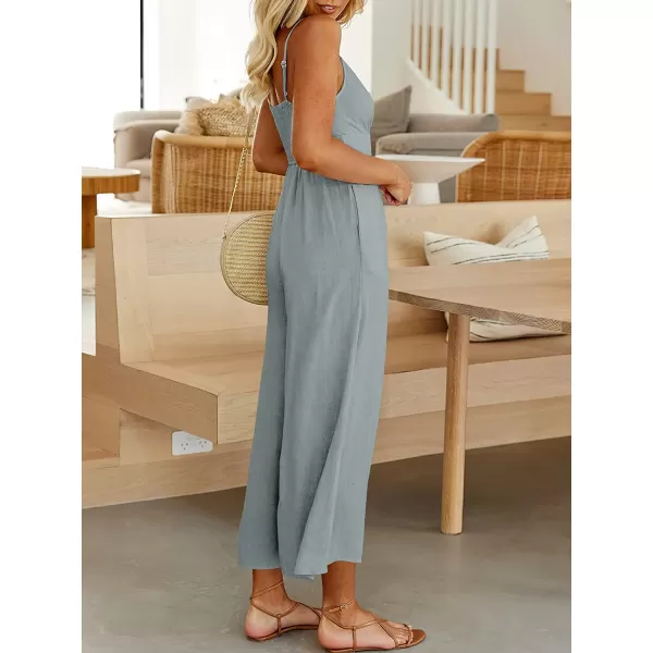 imageANRABESS Womens Summer Spaghetti Straps V Neck Cutout Smocked High Waist Wide leg Jumpsuits Rompers with PocketsGrey
