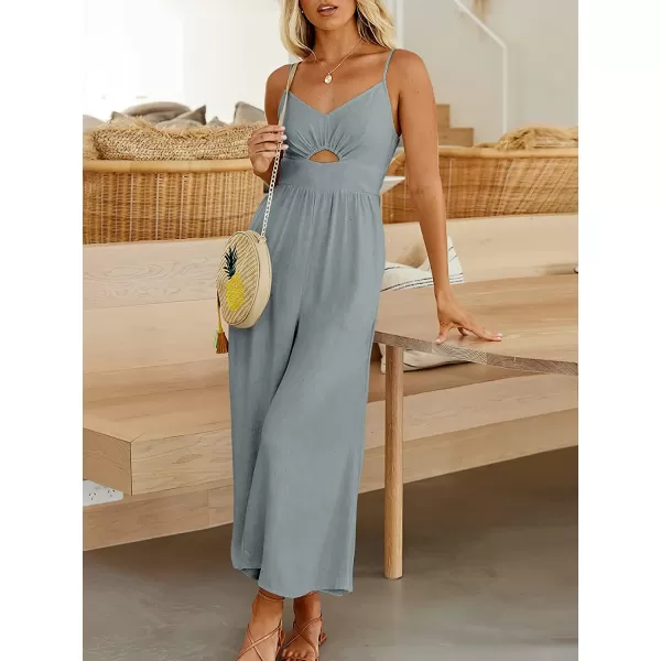 imageANRABESS Womens Summer Spaghetti Straps V Neck Cutout Smocked High Waist Wide leg Jumpsuits Rompers with PocketsGrey