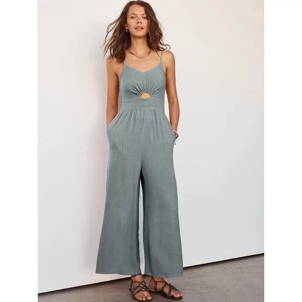imageANRABESS Womens Summer Spaghetti Straps V Neck Cutout Smocked High Waist Wide leg Jumpsuits Rompers with PocketsGrey