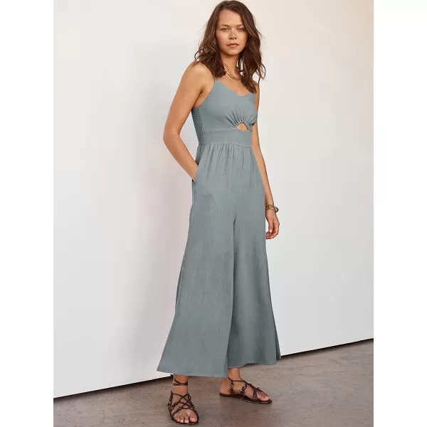 imageANRABESS Womens Summer Spaghetti Straps V Neck Cutout Smocked High Waist Wide leg Jumpsuits Rompers with PocketsGrey