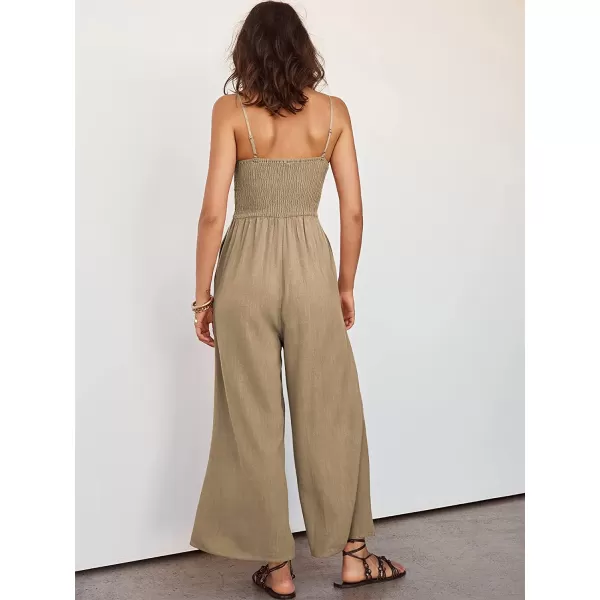 imageANRABESS Womens Summer Spaghetti Straps V Neck Cutout Smocked High Waist Wide leg Jumpsuits Rompers with PocketsKhaki