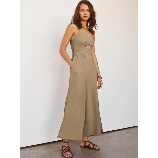imageANRABESS Womens Summer Spaghetti Straps V Neck Cutout Smocked High Waist Wide leg Jumpsuits Rompers with PocketsKhaki