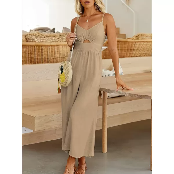 imageANRABESS Womens Summer Spaghetti Straps V Neck Cutout Smocked High Waist Wide leg Jumpsuits Rompers with PocketsKhaki
