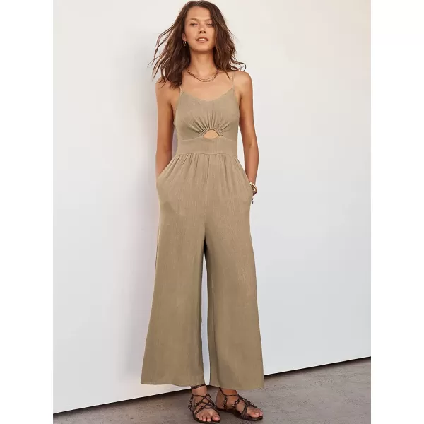 imageANRABESS Womens Summer Spaghetti Straps V Neck Cutout Smocked High Waist Wide leg Jumpsuits Rompers with PocketsKhaki