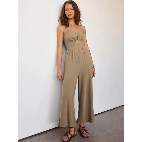 imageANRABESS Womens Summer Spaghetti Straps V Neck Cutout Smocked High Waist Wide leg Jumpsuits Rompers with PocketsKhaki