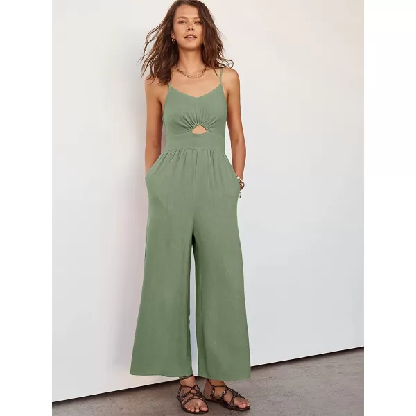 imageANRABESS Womens Summer Spaghetti Straps V Neck Cutout Smocked High Waist Wide leg Jumpsuits Rompers with PocketsLight Green