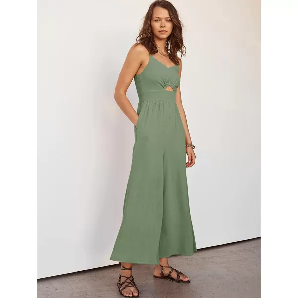 imageANRABESS Womens Summer Spaghetti Straps V Neck Cutout Smocked High Waist Wide leg Jumpsuits Rompers with PocketsLight Green