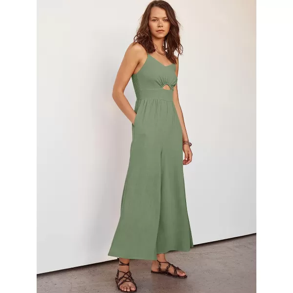 imageANRABESS Womens Summer Spaghetti Straps V Neck Cutout Smocked High Waist Wide leg Jumpsuits Rompers with PocketsLight Green
