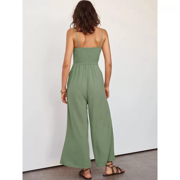 imageANRABESS Womens Summer Spaghetti Straps V Neck Cutout Smocked High Waist Wide leg Jumpsuits Rompers with PocketsLight Green