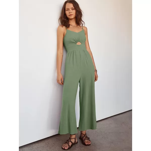 imageANRABESS Womens Summer Spaghetti Straps V Neck Cutout Smocked High Waist Wide leg Jumpsuits Rompers with PocketsLight Green