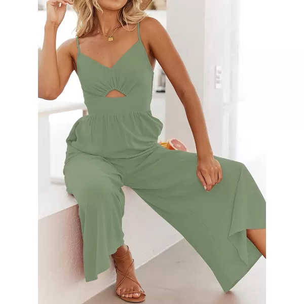 imageANRABESS Womens Summer Spaghetti Straps V Neck Cutout Smocked High Waist Wide leg Jumpsuits Rompers with PocketsLight Green