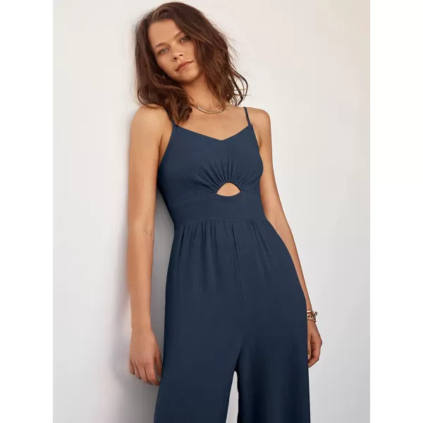 imageANRABESS Womens Summer Spaghetti Straps V Neck Cutout Smocked High Waist Wide leg Jumpsuits Rompers with PocketsNavy Blue