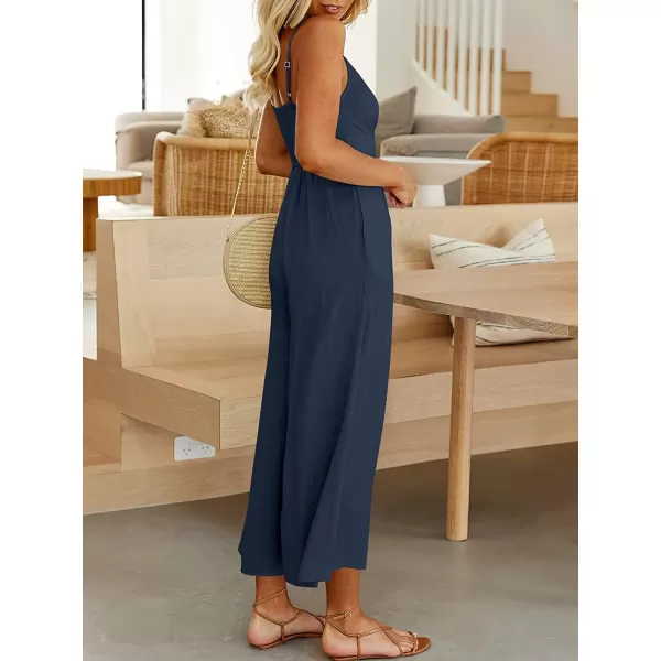 imageANRABESS Womens Summer Spaghetti Straps V Neck Cutout Smocked High Waist Wide leg Jumpsuits Rompers with PocketsNavy Blue