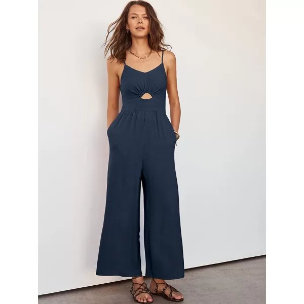 imageANRABESS Womens Summer Spaghetti Straps V Neck Cutout Smocked High Waist Wide leg Jumpsuits Rompers with PocketsNavy Blue