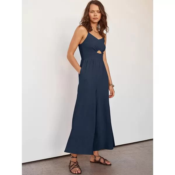 imageANRABESS Womens Summer Spaghetti Straps V Neck Cutout Smocked High Waist Wide leg Jumpsuits Rompers with PocketsNavy Blue