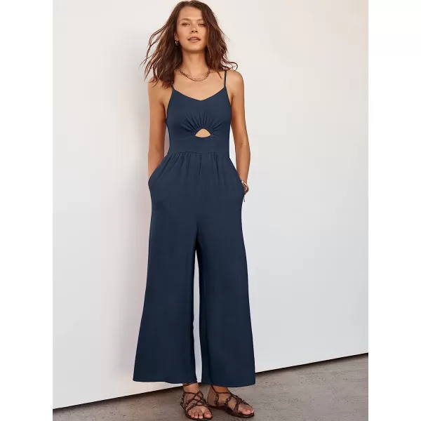 imageANRABESS Womens Summer Spaghetti Straps V Neck Cutout Smocked High Waist Wide leg Jumpsuits Rompers with PocketsNavy Blue