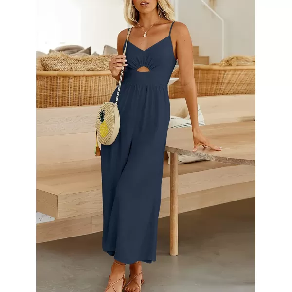 imageANRABESS Womens Summer Spaghetti Straps V Neck Cutout Smocked High Waist Wide leg Jumpsuits Rompers with PocketsNavy Blue