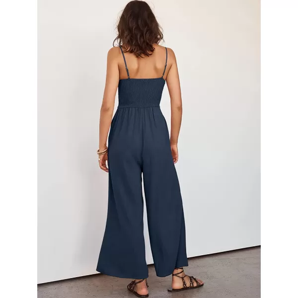 imageANRABESS Womens Summer Spaghetti Straps V Neck Cutout Smocked High Waist Wide leg Jumpsuits Rompers with PocketsNavy Blue